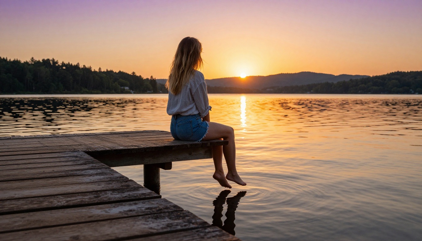 Woman in denim shorts on wooden pier at summer sunset with lake reflection