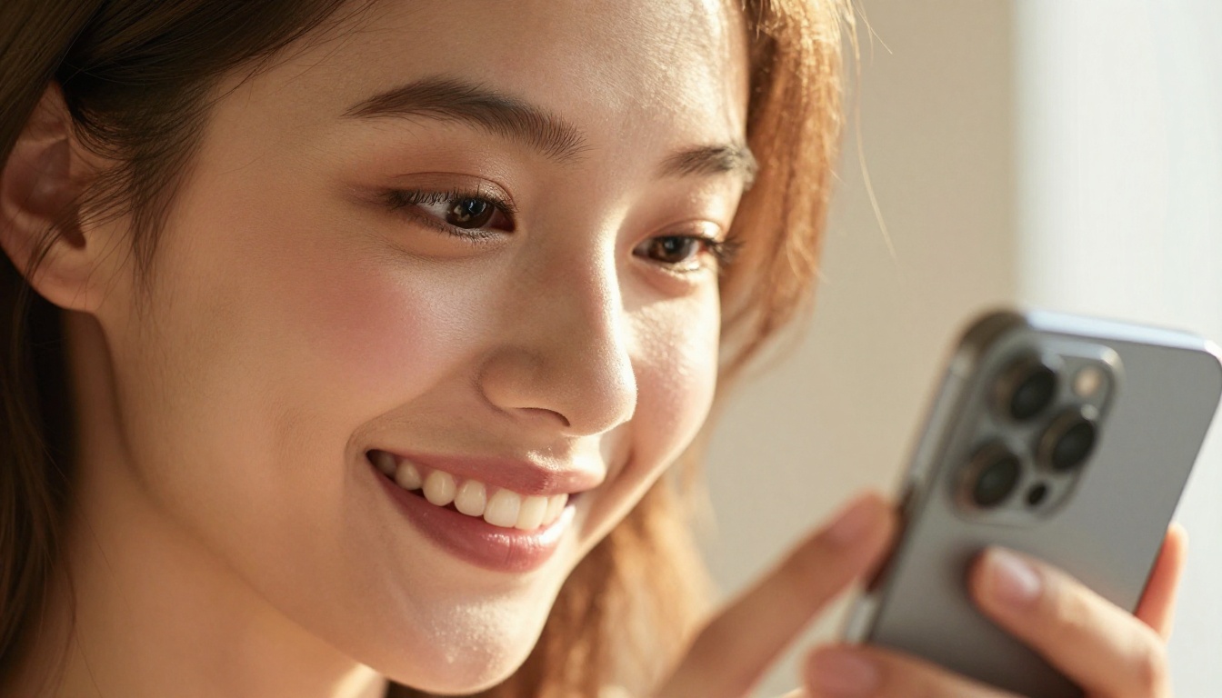 Close-up portrait of a woman with a radiant smile reading her smartphone