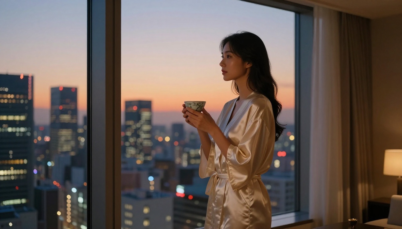 Woman in an elegant silk robe at a window overlooking Tokyo at dusk