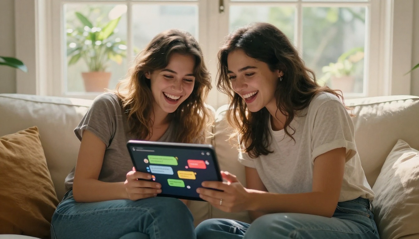 Two women laughing together at a tablet showing a chat interface