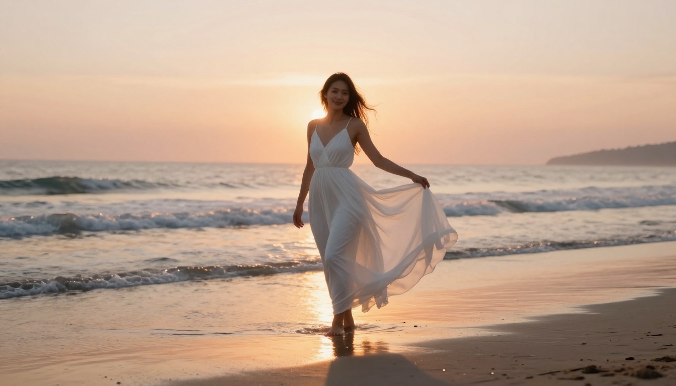 Woman in a white sundress at sunrise on a tranquil beach