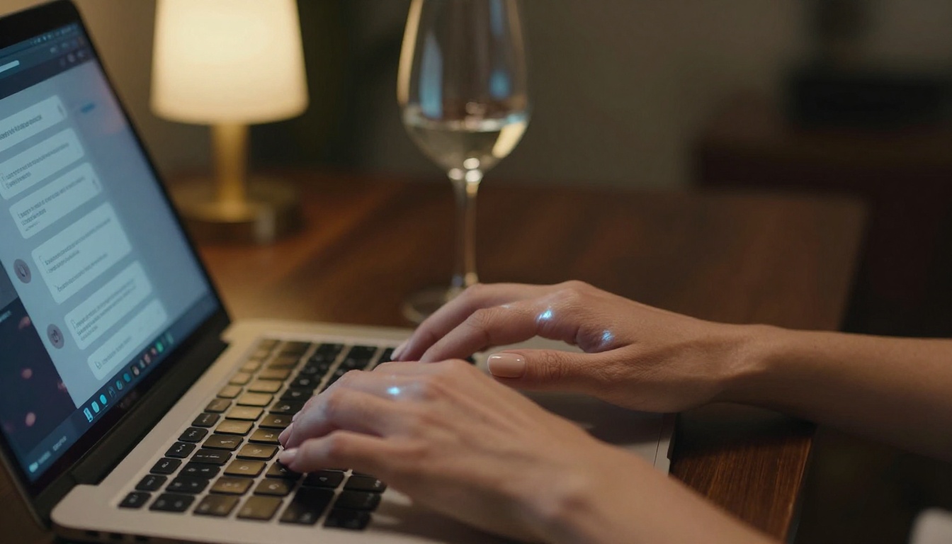 AI chat interface on laptop with hands typing