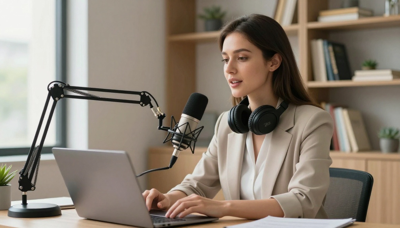 Woman speaking into a professional microphone at a standing desk