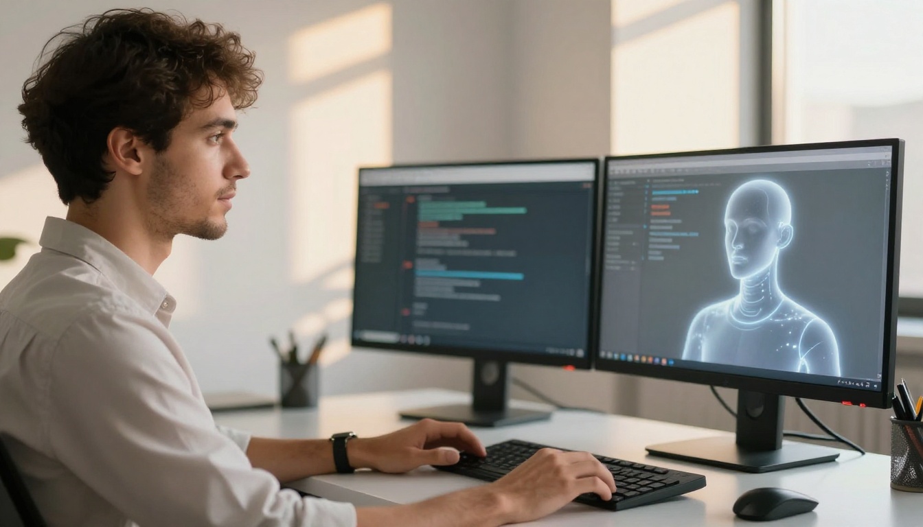 Man at desk with AI companion side by side