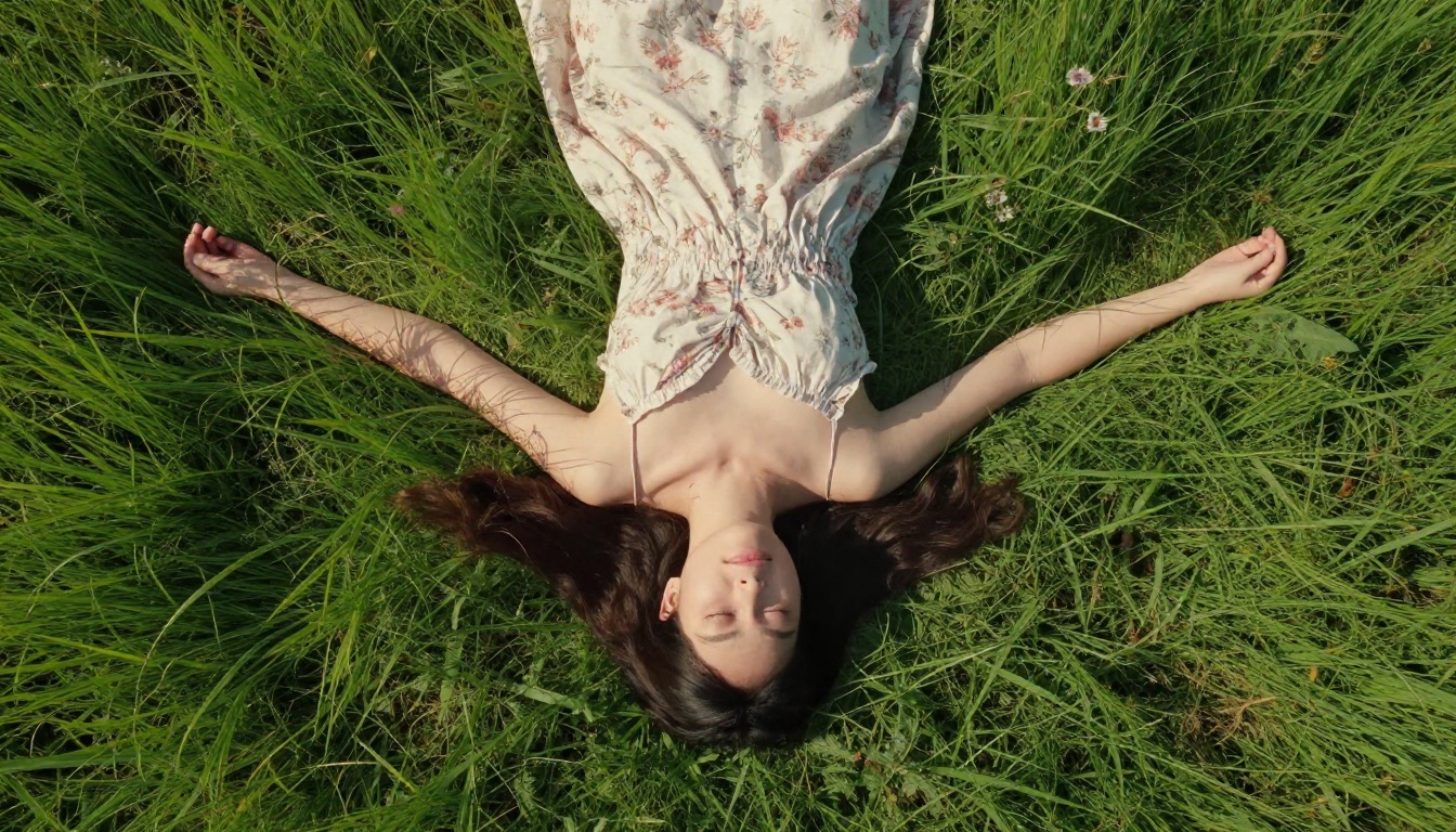 Woman lying in a green meadow photographed from directly above, serene and peaceful
