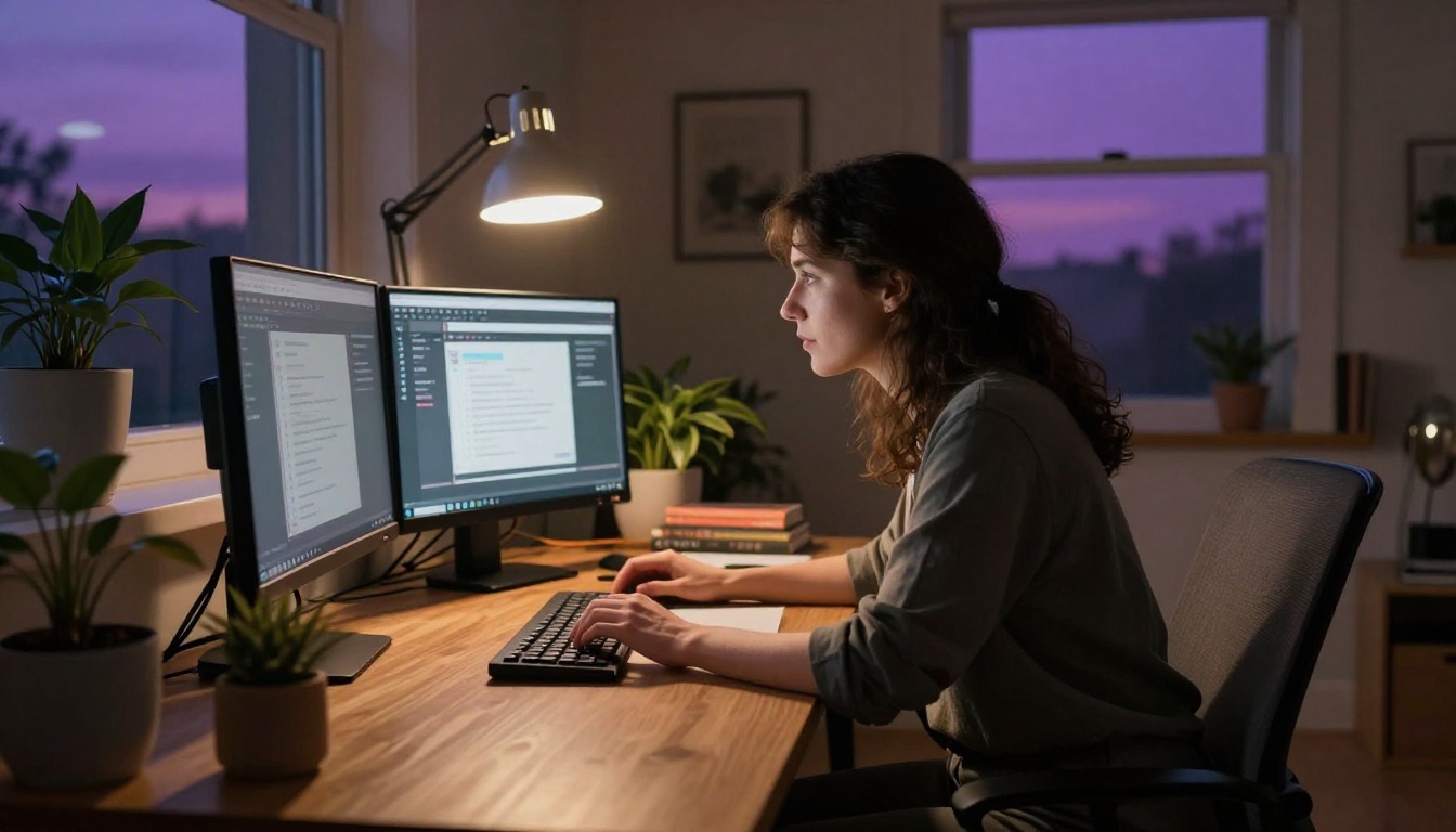 Woman at cozy home office desk at dusk, warm lamp light