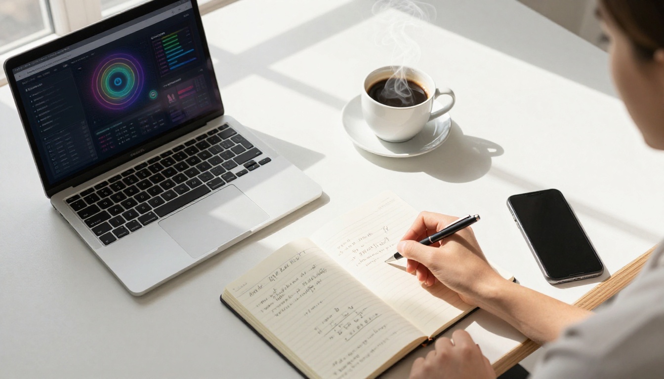 Overhead flat-lay of workspace with laptop showing AI dashboard and coffee