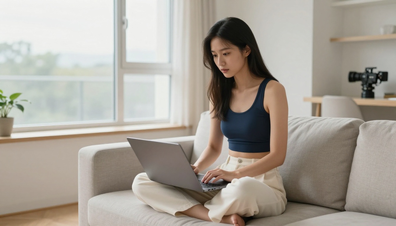 Woman on minimalist sofa with laptop in Scandinavian apartment with natural light