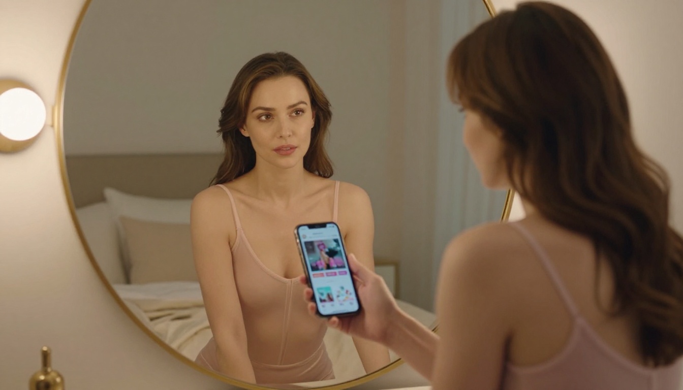 Woman at vanity mirror holding smartphone showing AI app in softly lit bedroom