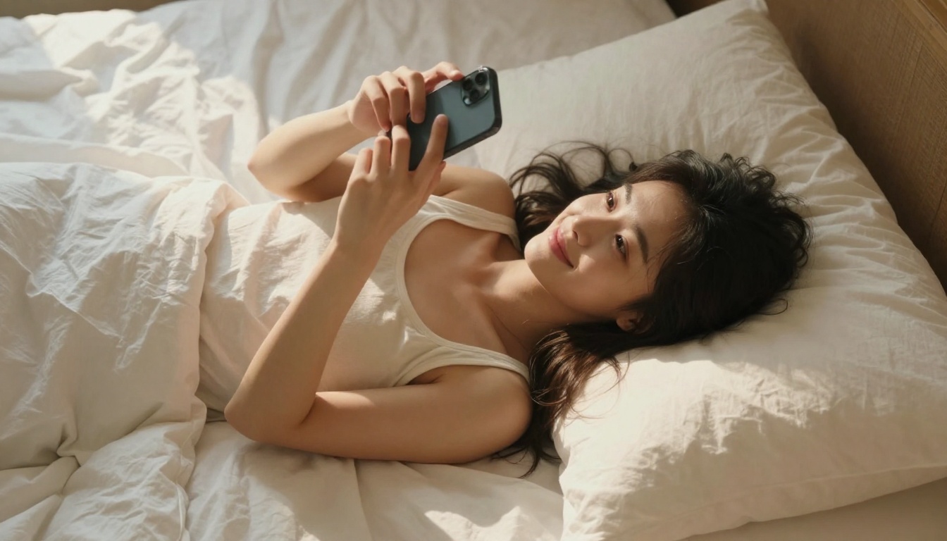 Aerial view of a beautiful young woman lying on white bed, looking at her smartphone with a gentle warm smile