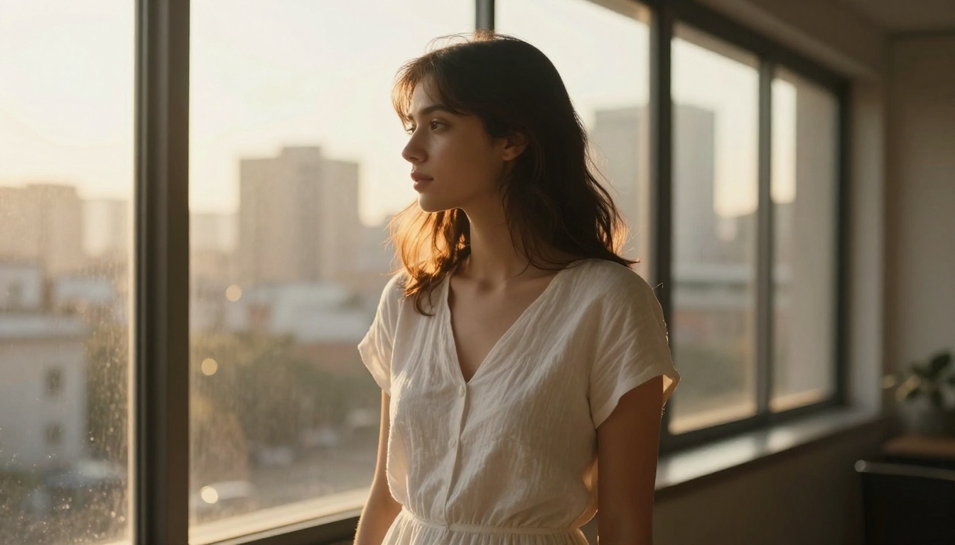 A young woman standing near floor-to-ceiling windows, backlit by golden hour amber light, white linen dress