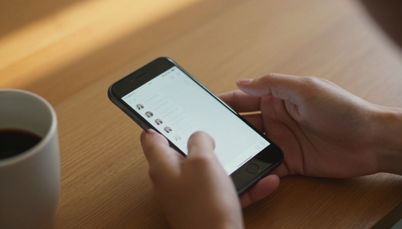 Close-up of a woman's hands holding a smartphone on a warm wooden table, chat interface visible, amber side lighting