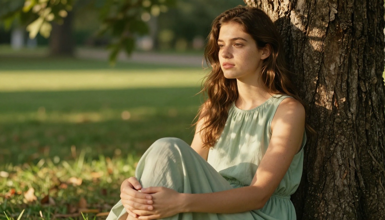 Candid portrait of a beautiful woman sitting against a sunlit tree in a park, dappled light, sage green dress