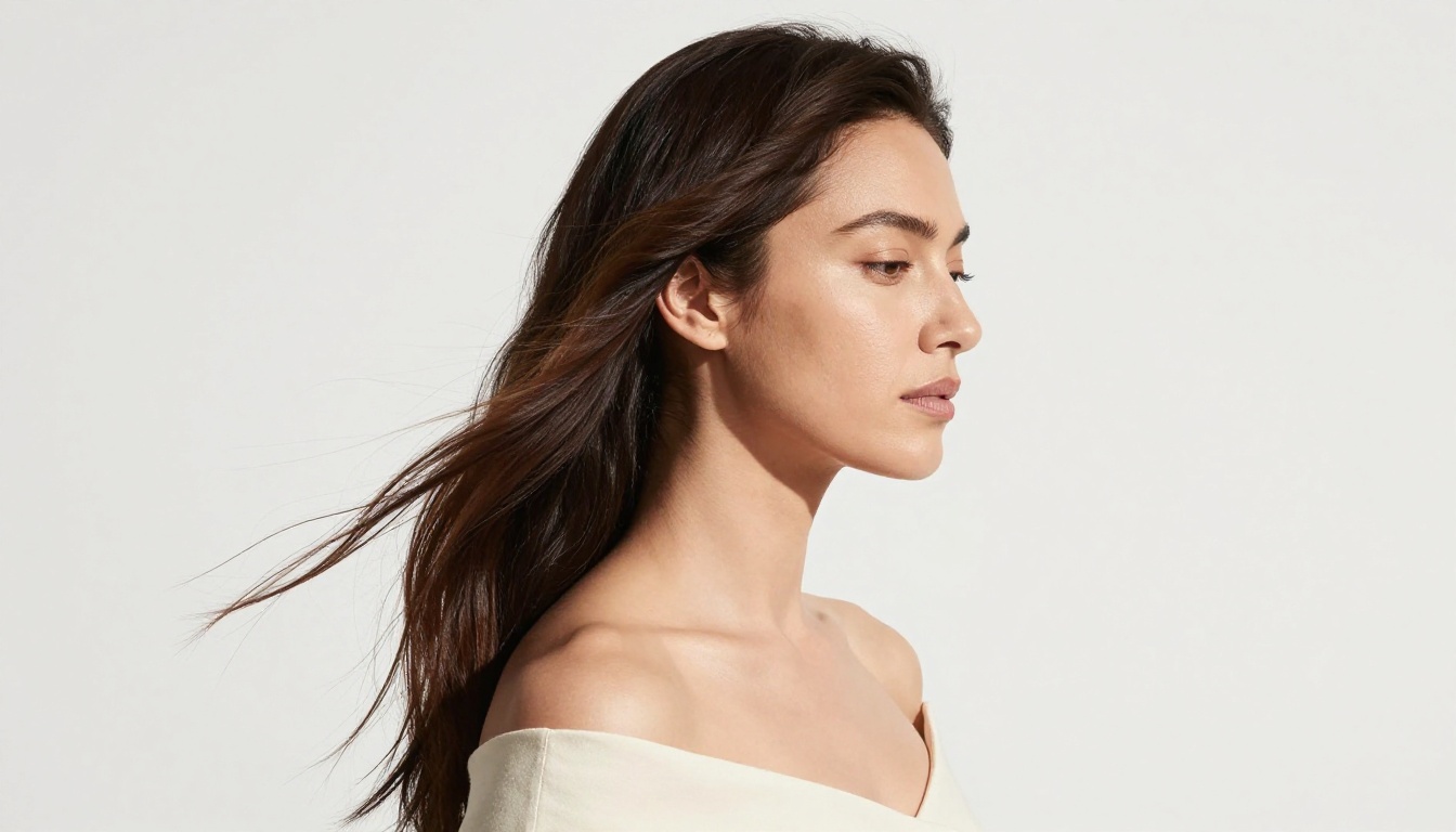 Studio portrait of a woman with long dark hair, three-quarter profile, serene expression, white background, single key light