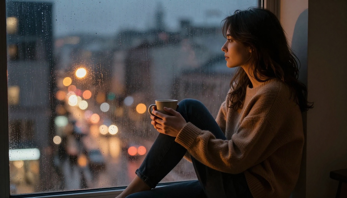 Woman sitting on a window ledge at dusk, city lights bokeh through rain-wet glass, camel sweater, amber rimlight on her profile