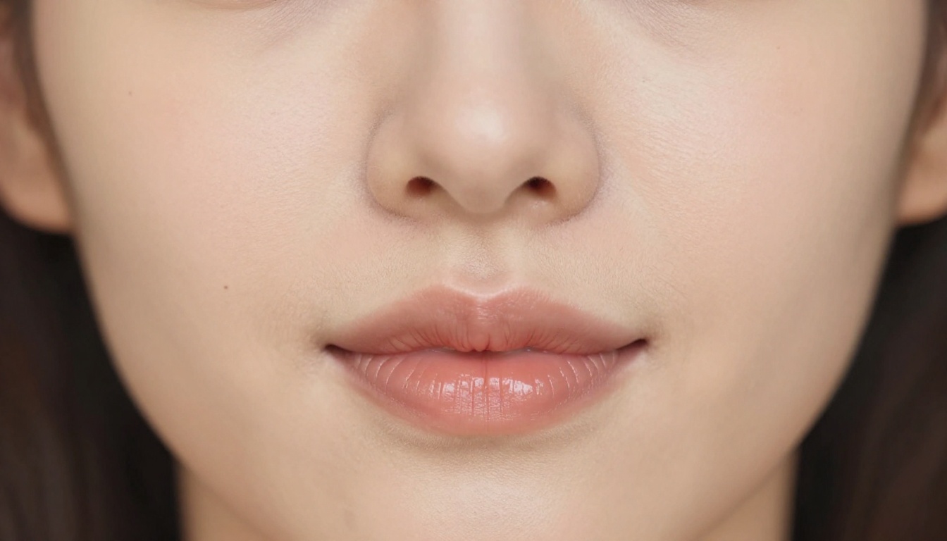 Beauty close-up of a woman's lips and lower face, soft warm skin tone, beauty dish lighting, peach tones