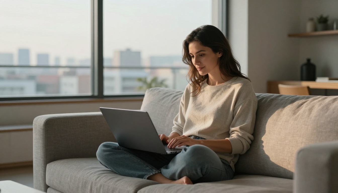 A woman seated cross-legged on a grey linen sofa with a laptop, soft afternoon window light, modern apartment interior