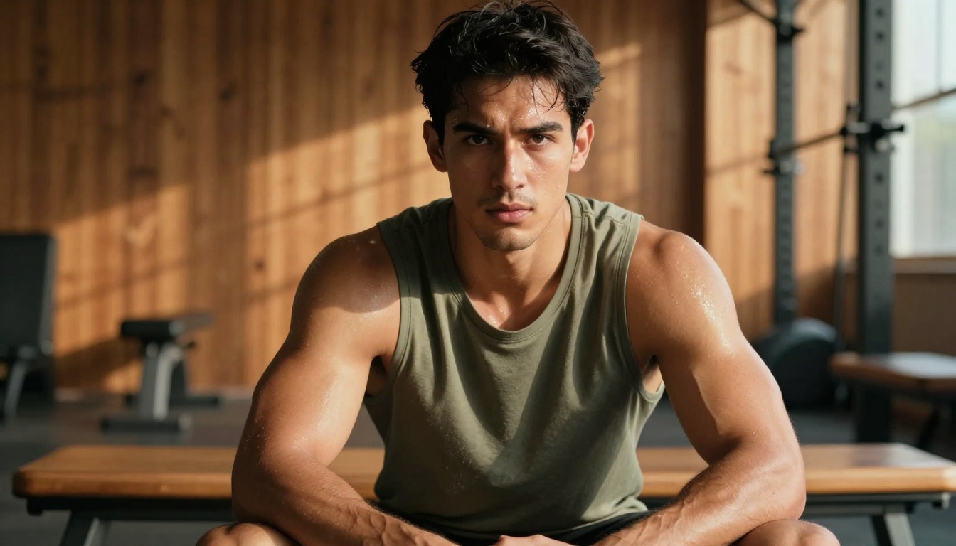 Focused muscular man with sharp jawline seated on gym bench in warm light