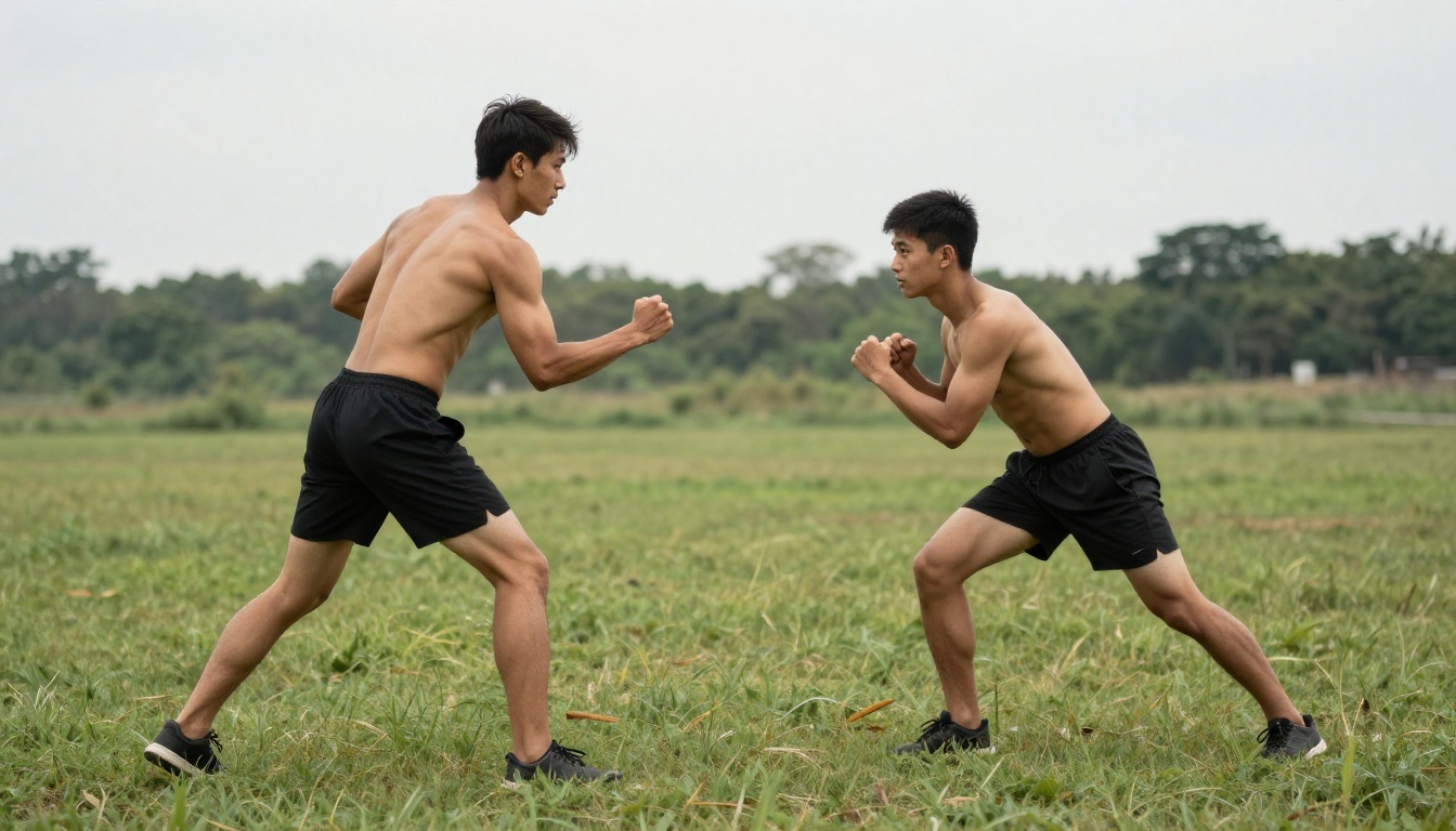 Two athletic young men in a friendly sparring session on a natural grass field