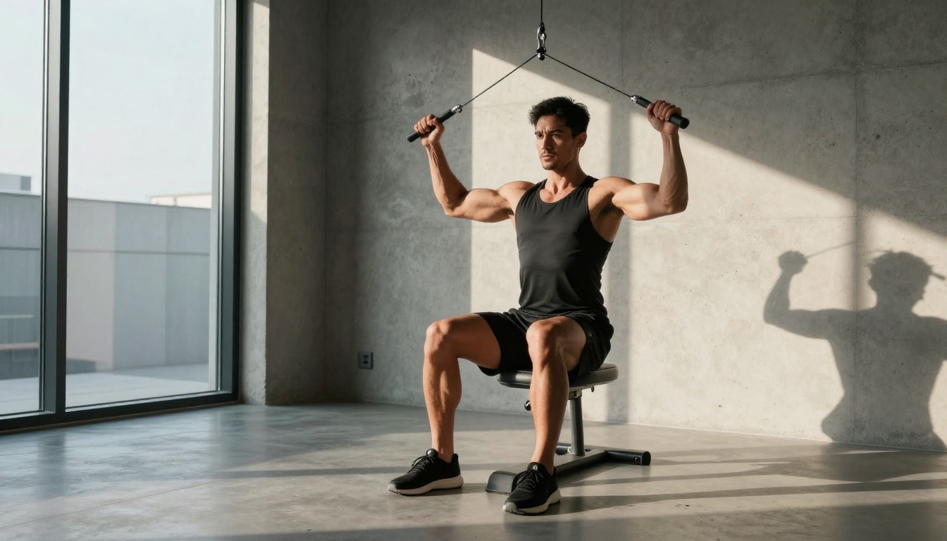 Fit athletic man performing a cable crossover in a minimalist concrete home gym