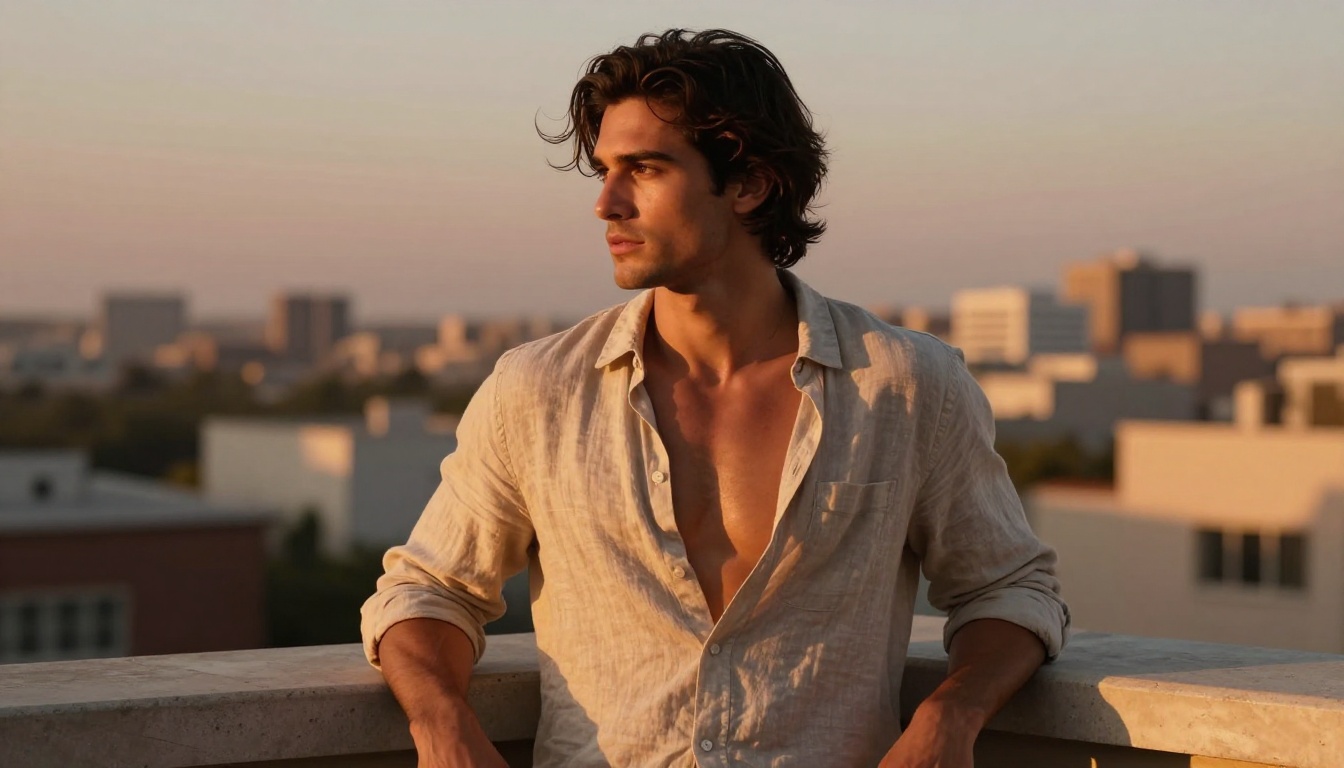 Handsome muscular man on a rooftop terrace at sunset with open linen shirt