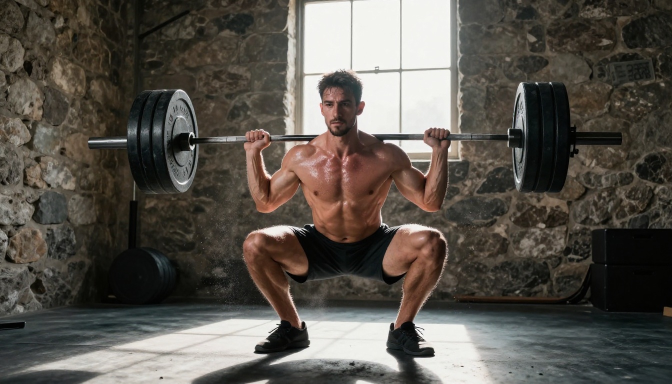 Powerful muscular man performing a deadlift in a sunlit raw stone basement gym