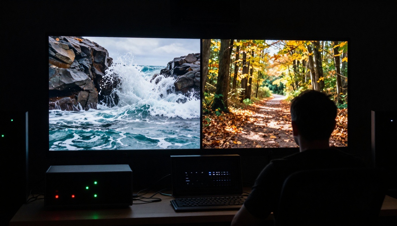Cinema-grade color grading station comparing AI video output quality