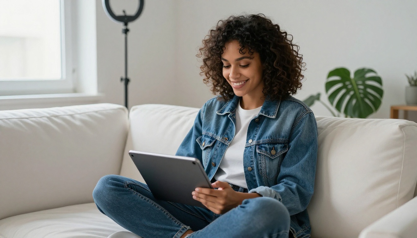 Content creator reviewing AI video clips on a tablet in a home studio