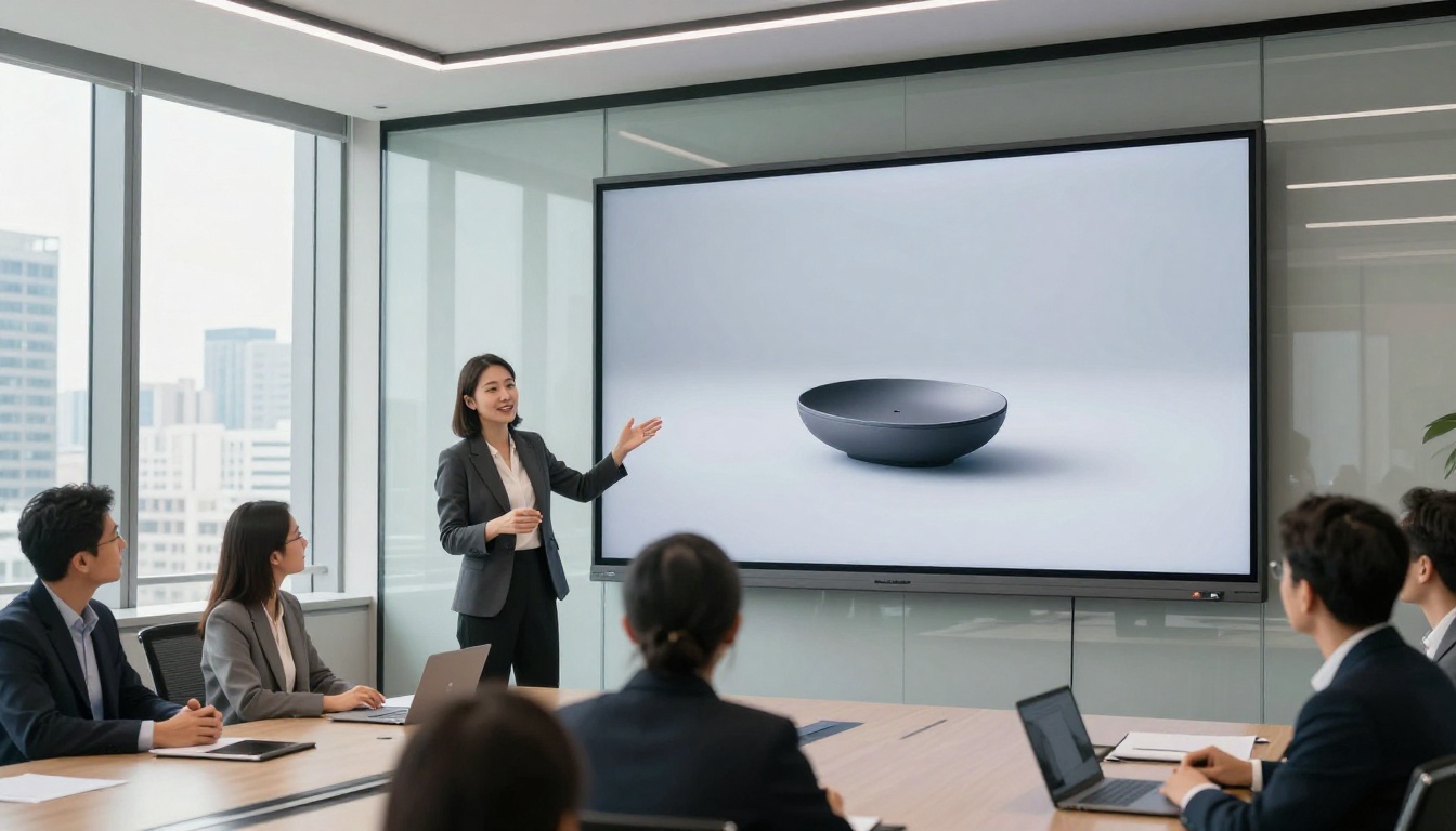 Marketing professional presenting an AI-generated product video in a conference room