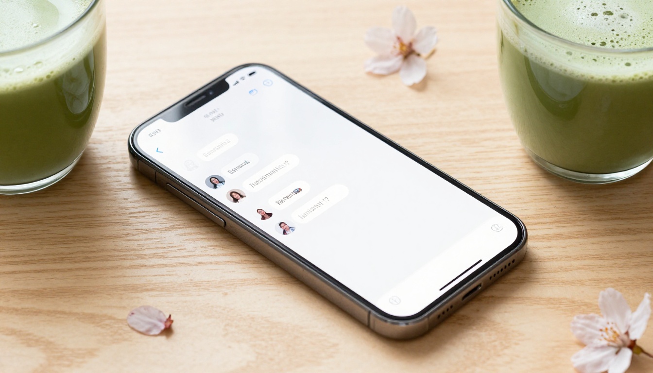 A smartphone on a wooden desk with a chat interface open next to a matcha latte