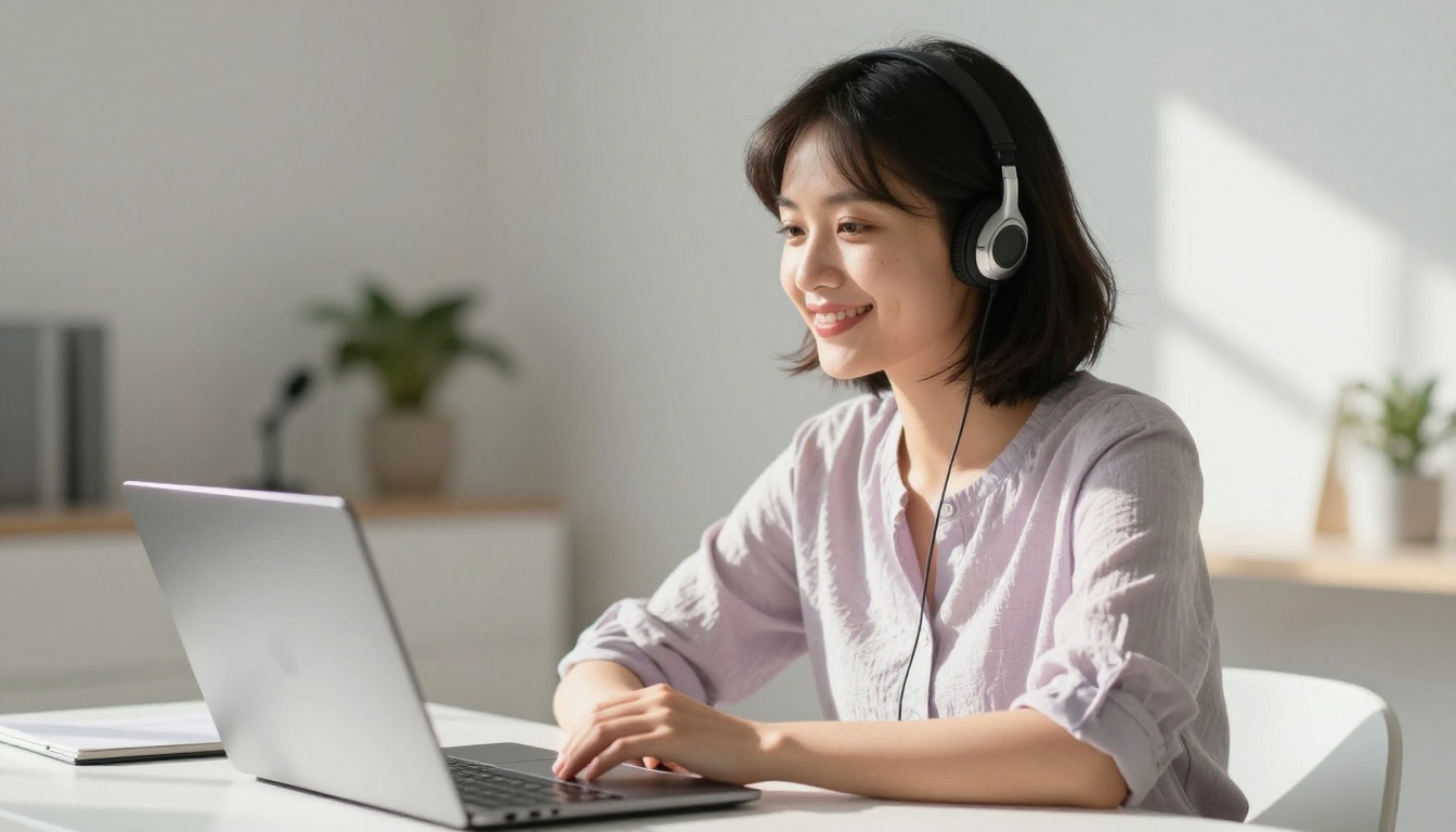 A young woman speaking to her AI voice companion at her desk