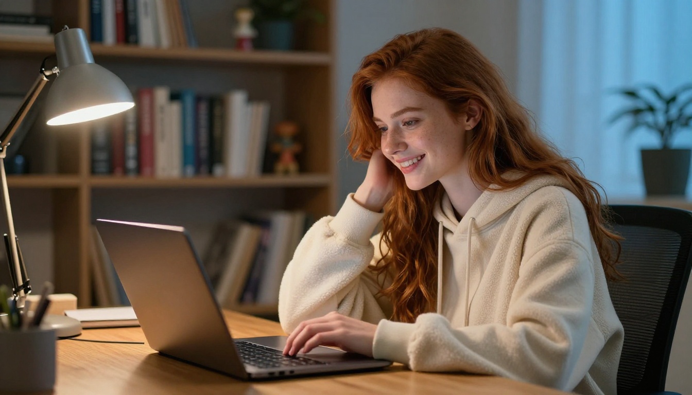 Young woman relaxed in her chair enjoying her AI companion chat
