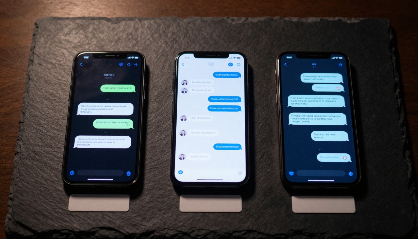 Comparison of different chat apps on three phones laid flat