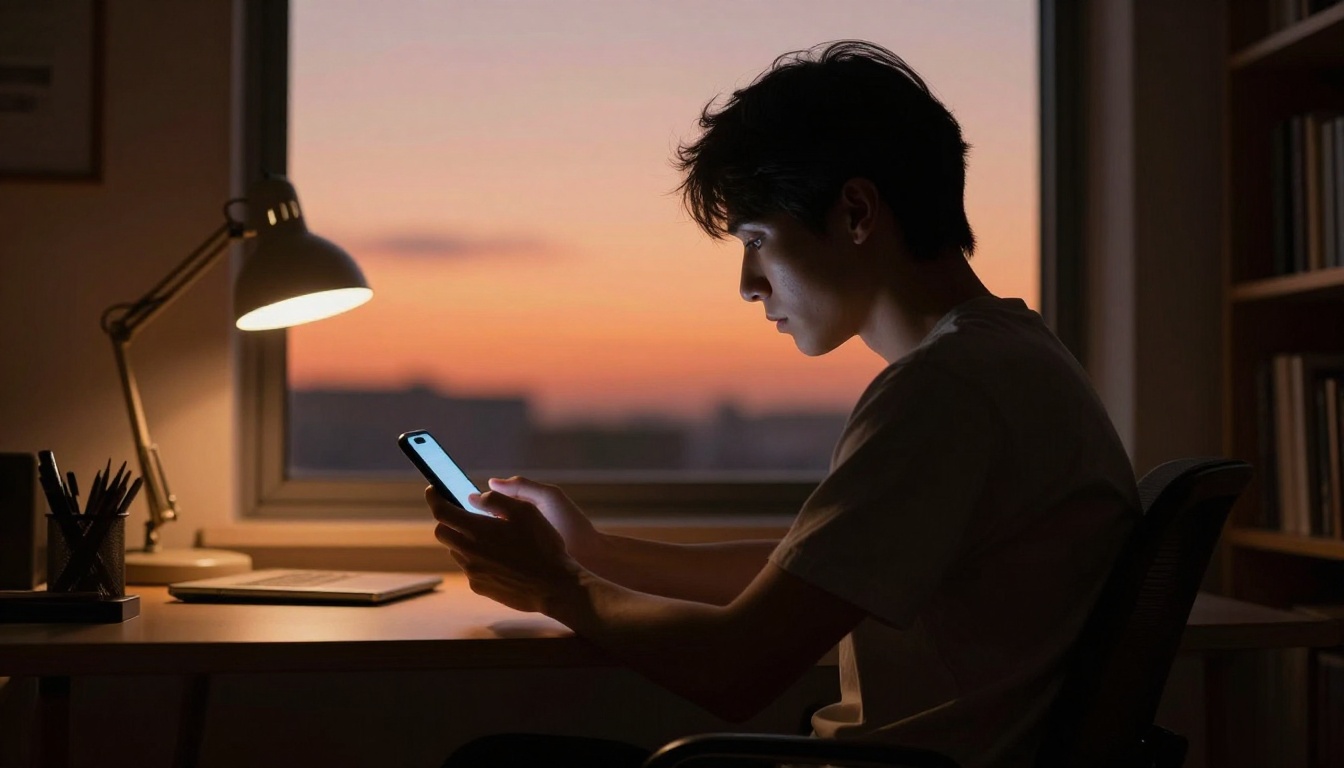 Silhouette of a person at their desk at dusk with phone screen light on their face