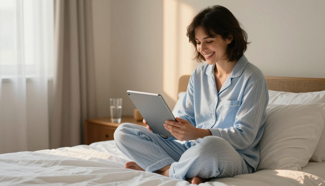 Woman laughing at her tablet screen in bed on a relaxed morning