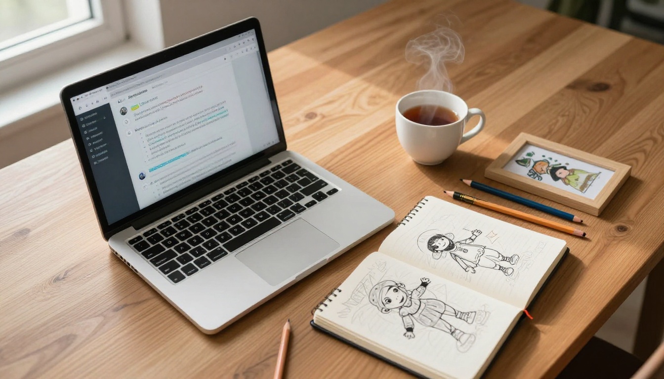 Creative workspace overhead with character sketches and laptop showing AI chat
