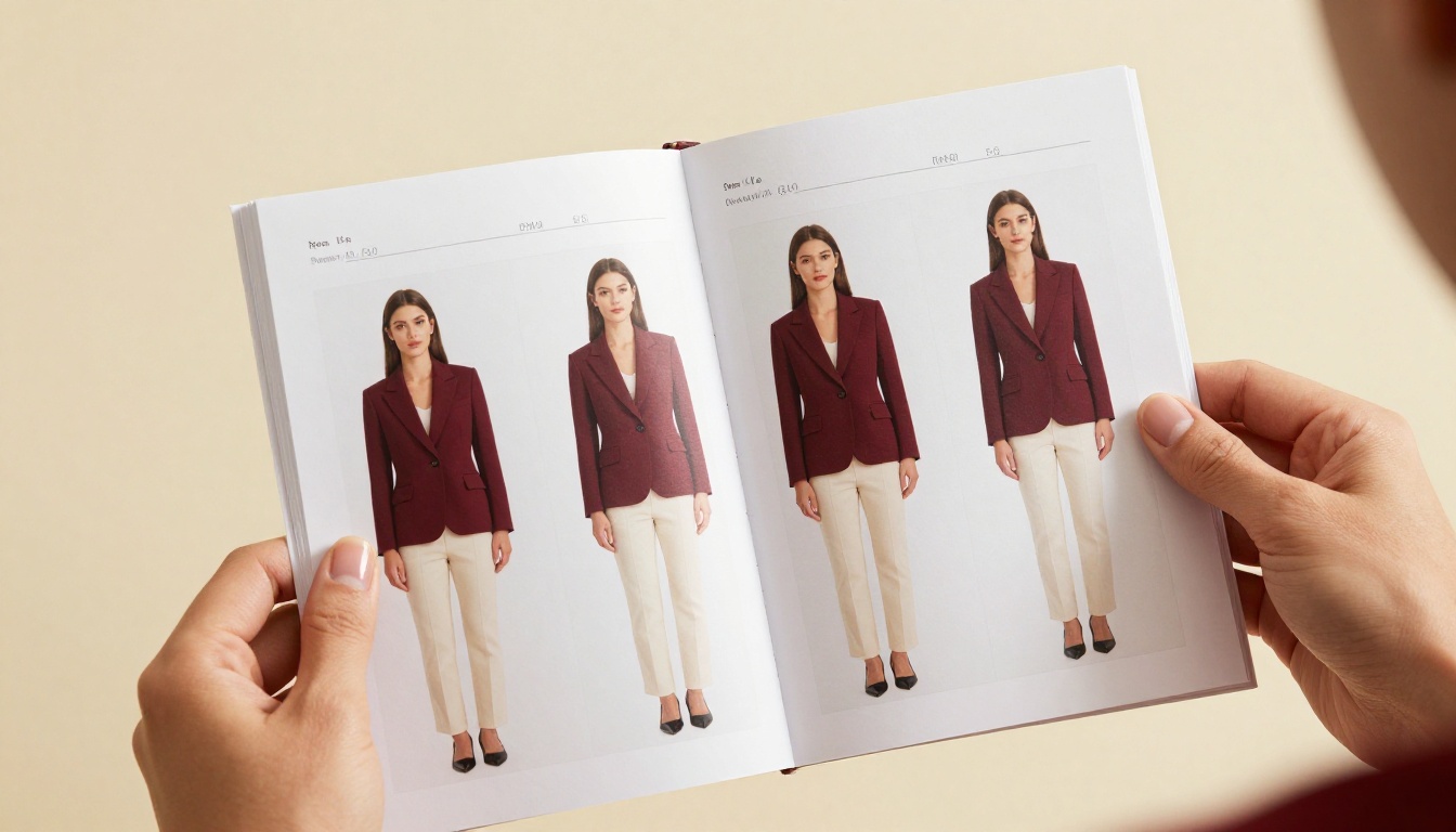 Close-up of hands holding a character reference sheet showing consistent outfits across multiple poses