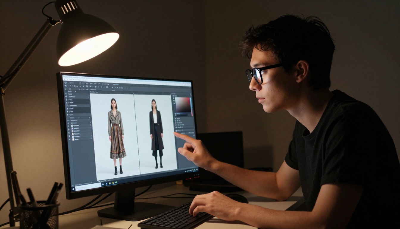 Fashion designer studying AI-generated character images side by side on a monitor