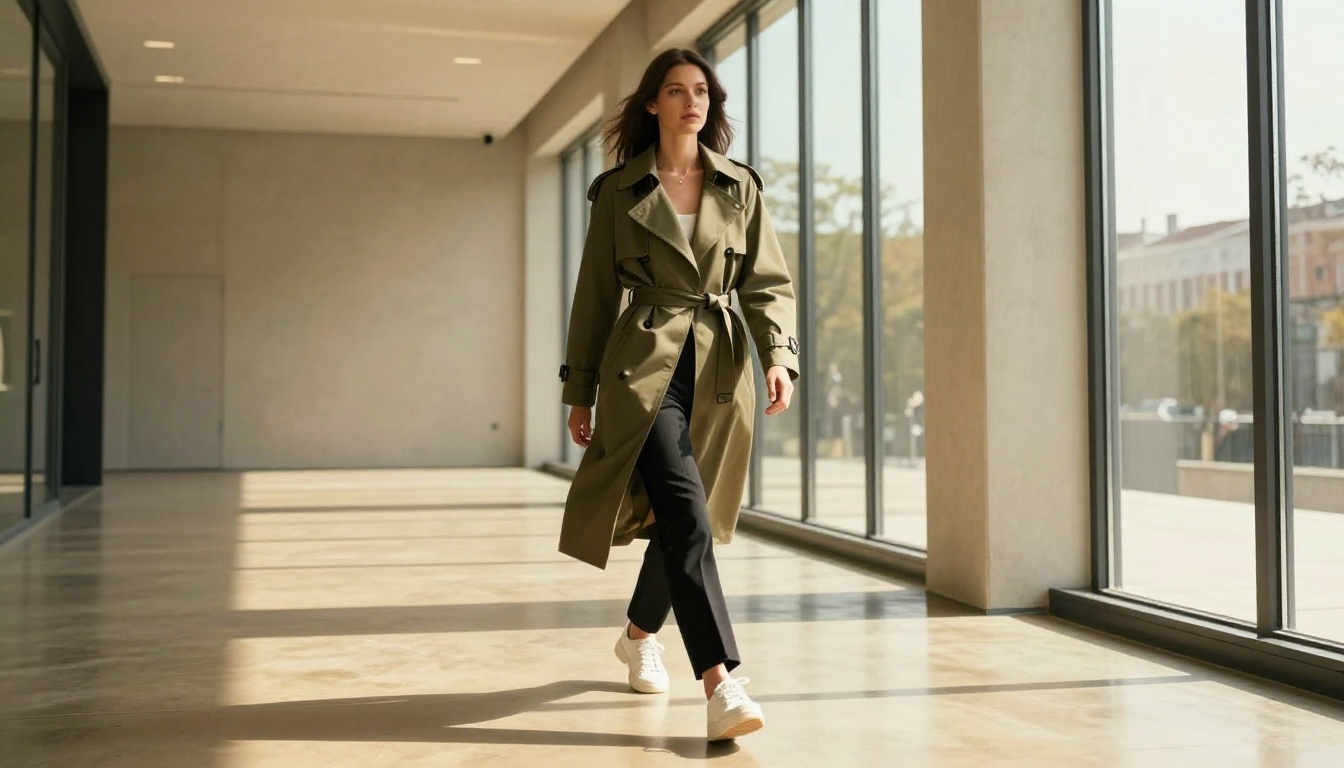 Woman in structured olive trench coat walking confidently through a modern sunlit hallway