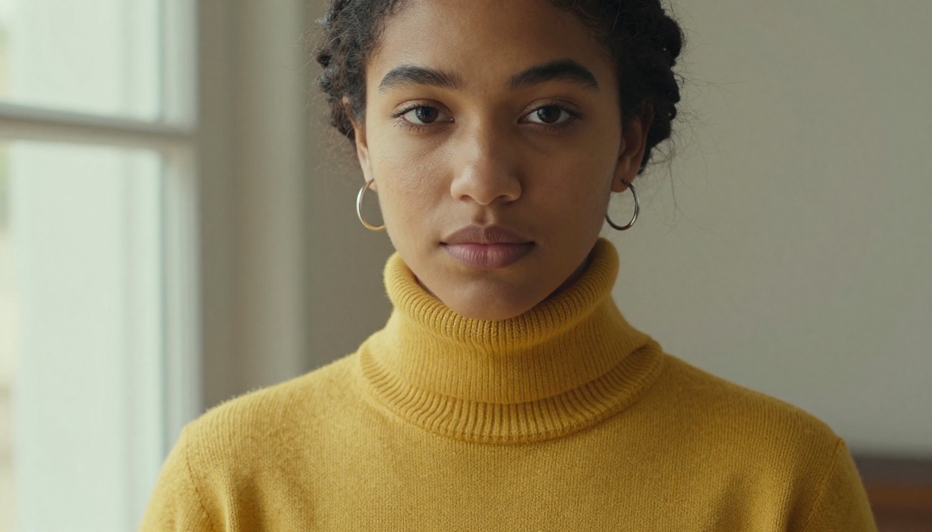 Close-up portrait of woman with mustard turtleneck lit by natural window light
