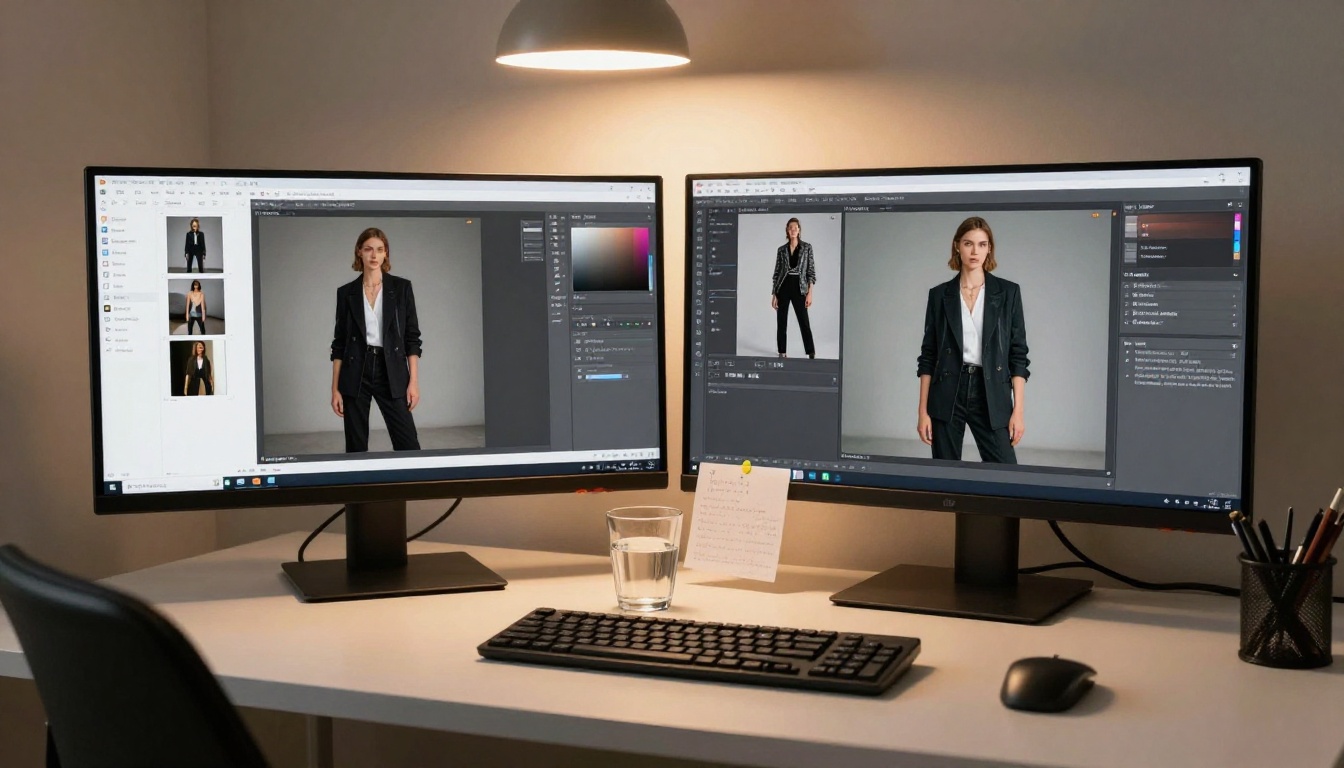 Digital artist's dual-monitor workspace showing AI image generation and comparison