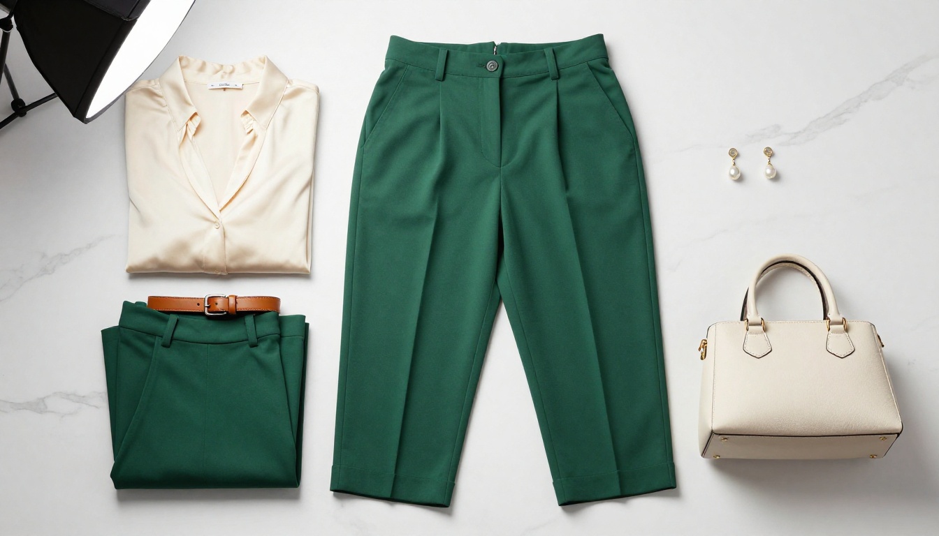 Flat lay of a capsule wardrobe on white marble surface showing detailed fashion styling