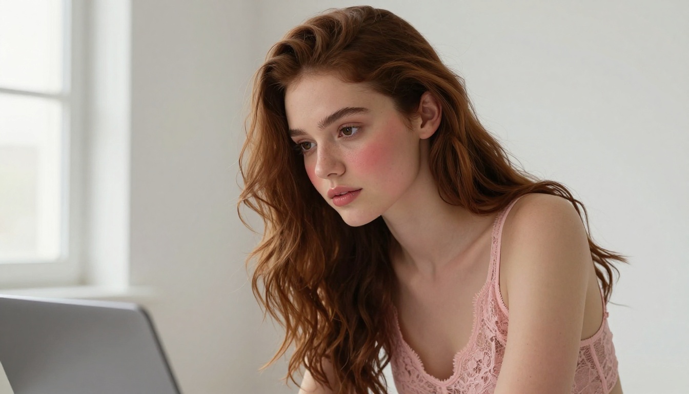 Beautiful young woman with dark flowing hair at a creative workstation with warm natural lighting