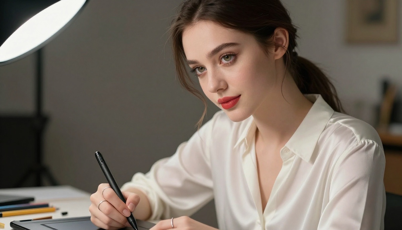Woman with tablet displaying artwork, stylus pen in hand, professional creative environment