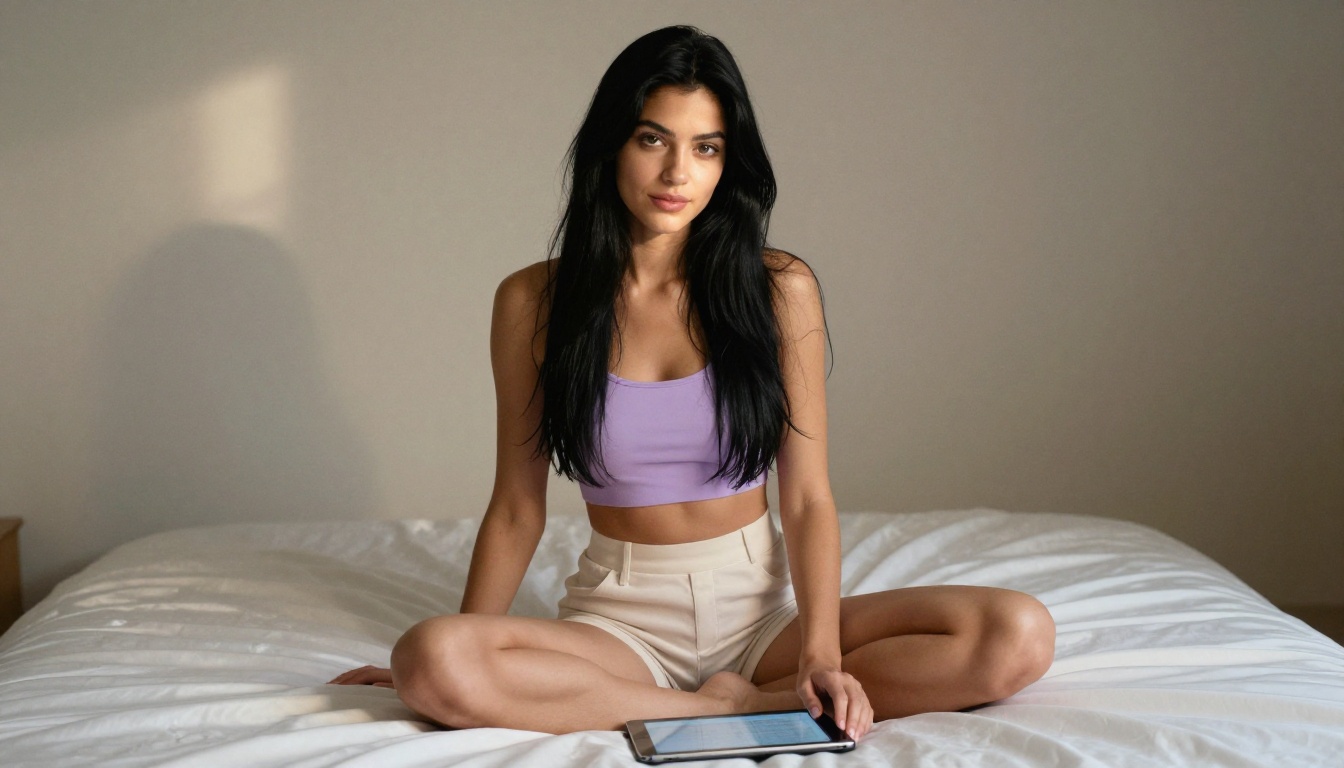 Woman with long jet-black hair in lavender outfit sitting on white bed, natural window light