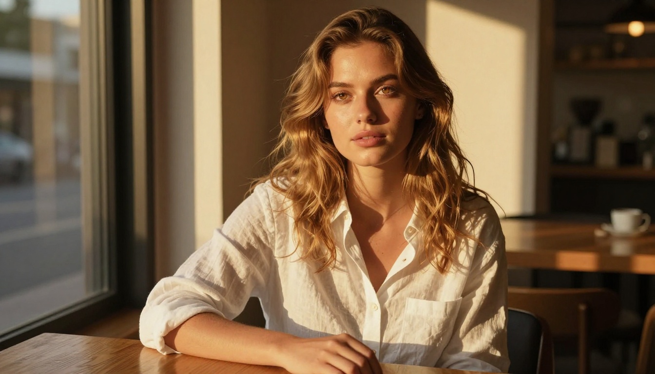 Radiant woman with honey-blonde hair at a sunny window desk, golden afternoon light