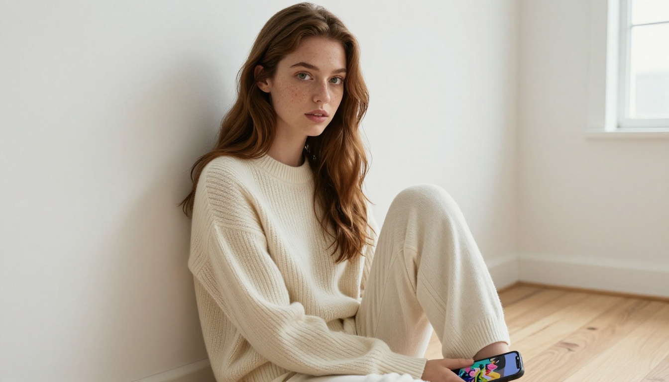 Woman with chestnut braided hair on light oak floor with creative artwork on phone