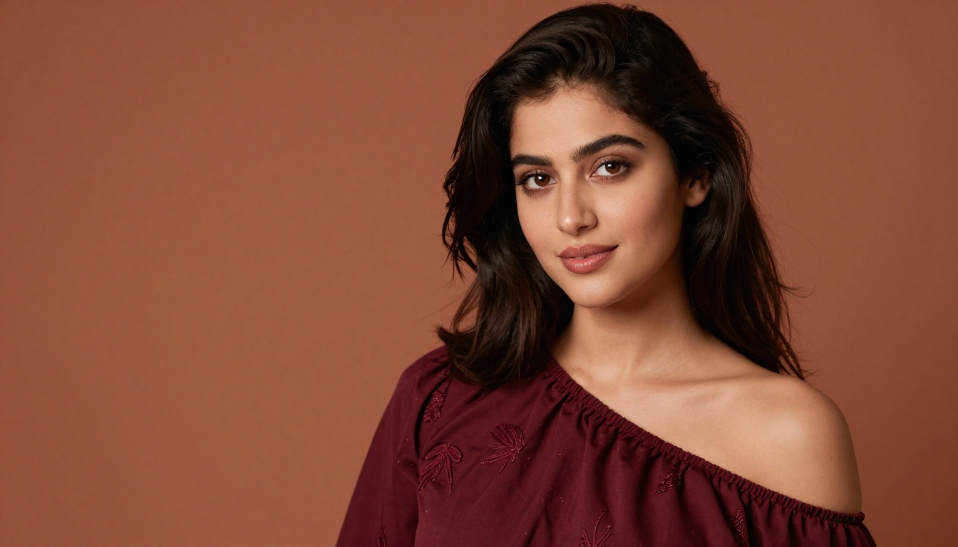 Woman with dark mahogany hair in burgundy off-shoulder blouse, warm terracotta studio, professional portrait