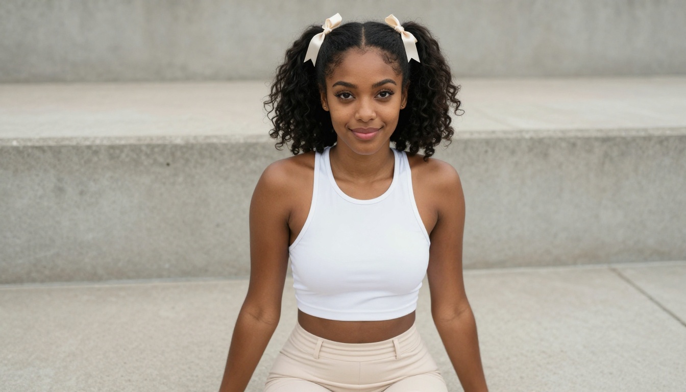 Woman with olive skin and twin pigtails with cream satin ribbons, outdoor concrete setting, natural light