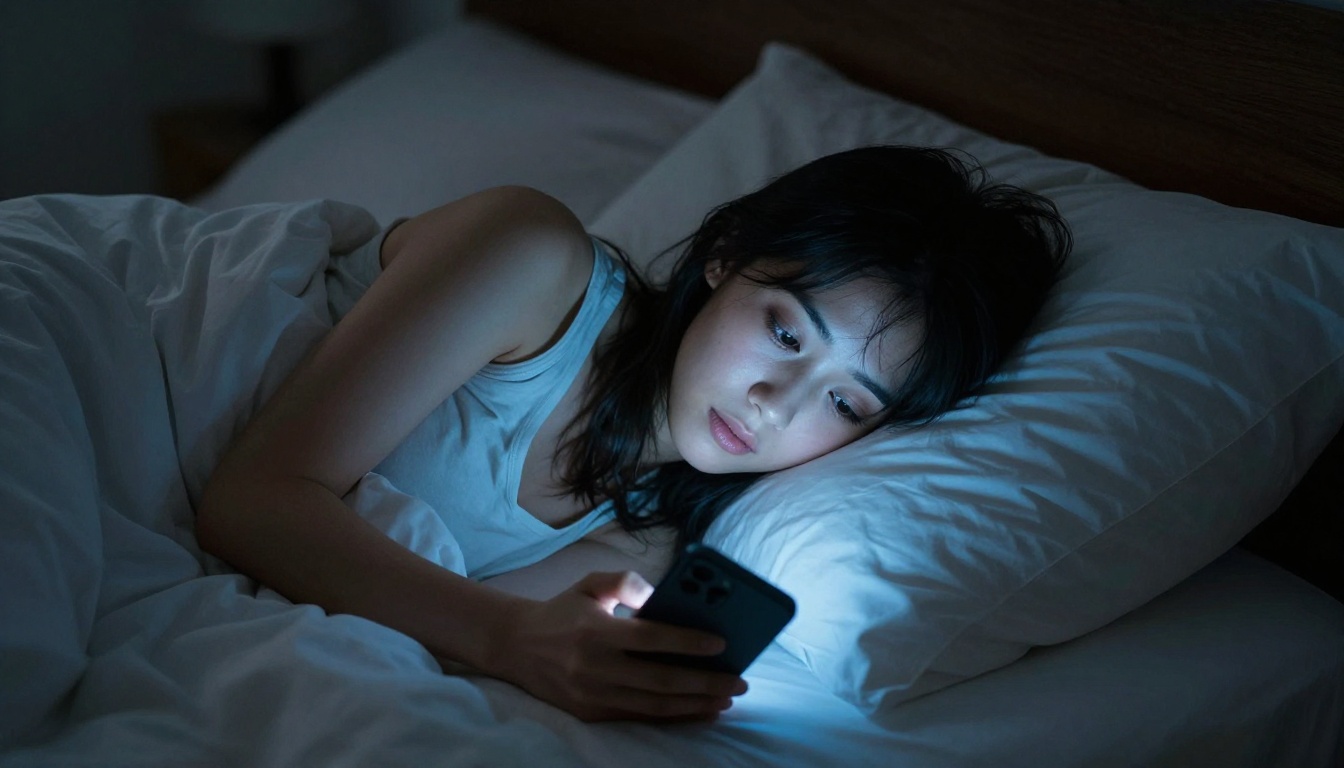 Young woman lying in bed at night emotional phone call in the dark